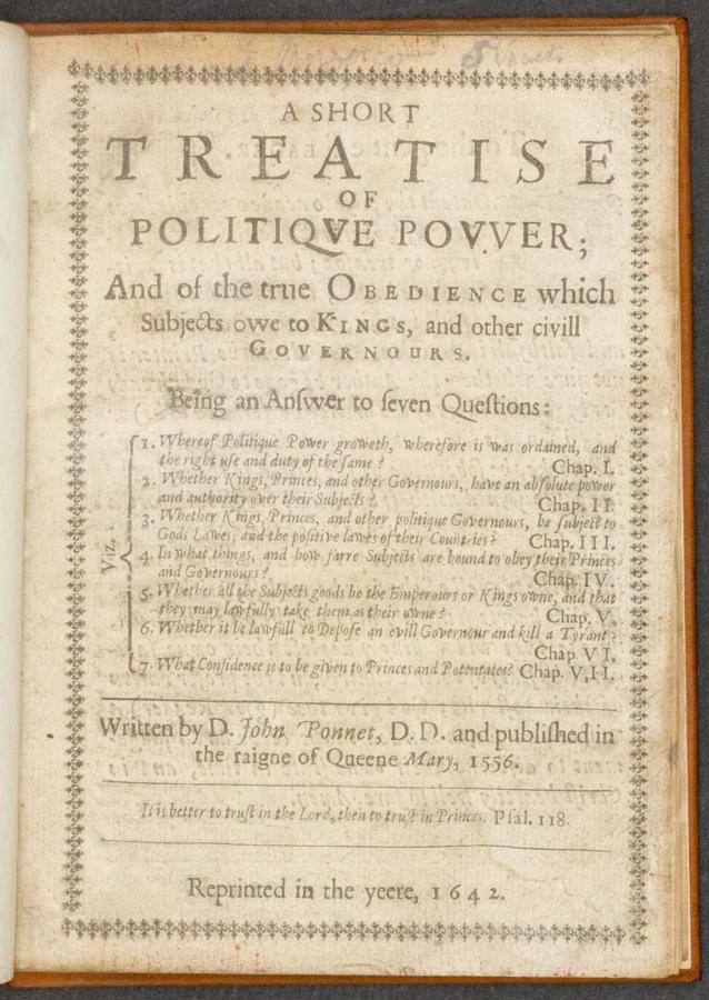 הכותרת של הספר התיאוריה הקצרה על הכוח הפוליטי של פונט. מקור אתר האוניברסיטה של לונדון.