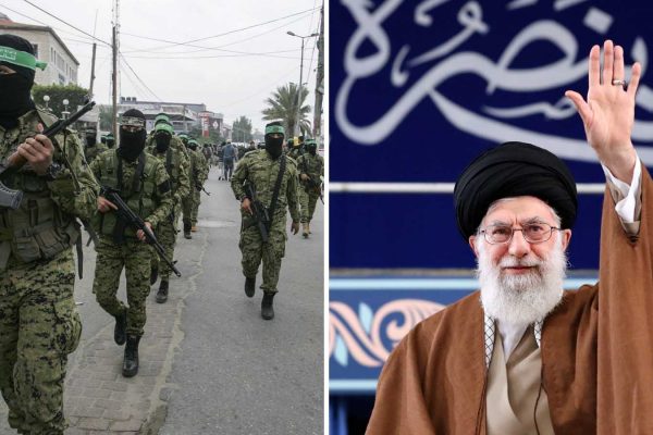 האייתולה עלי חמינאיי ומצעד של הזרוע הצבאית של החאמס ברצועת עזה (Office of the Iranian Supreme Leader via AP)