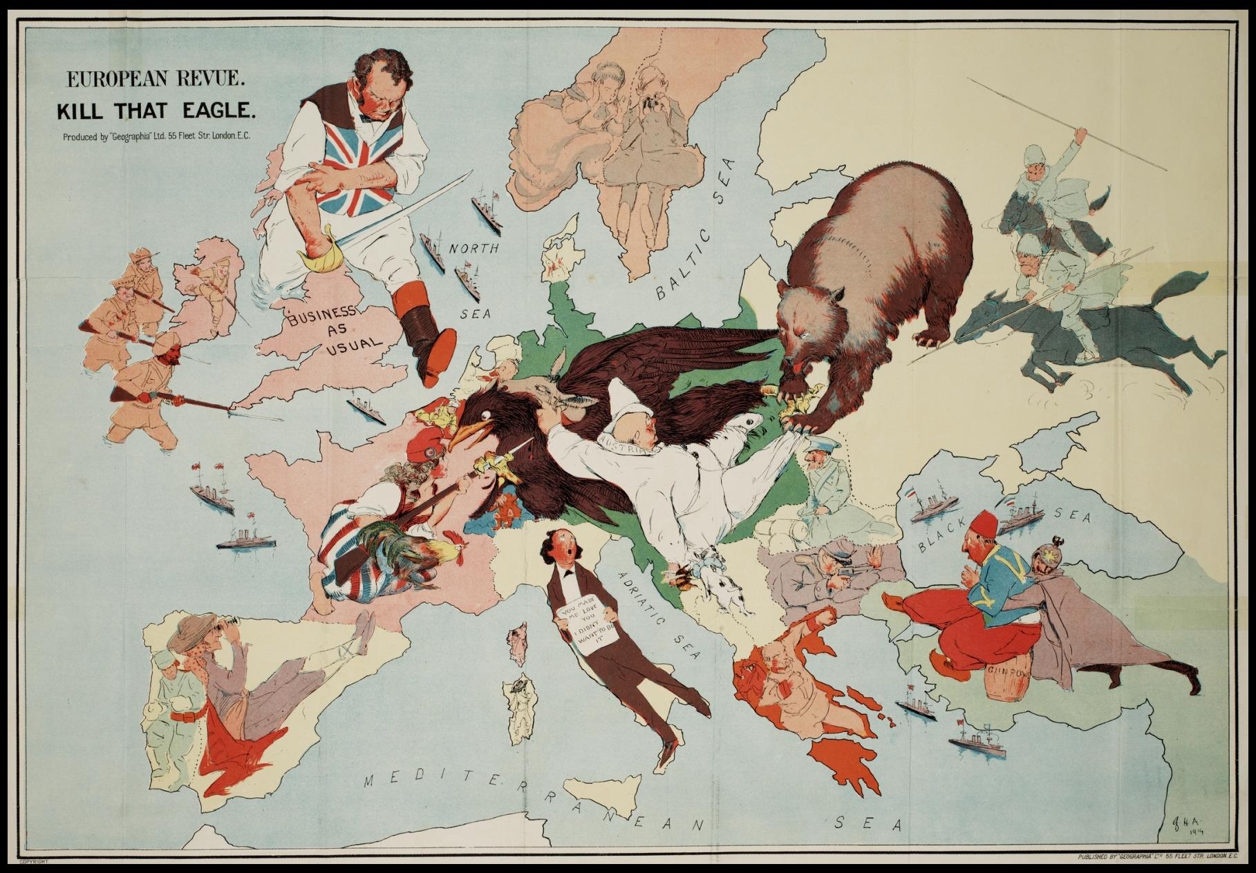 מפת מאוירת של אירופה המציגה את מלחמת העולם הראשונה מקור מהספרBetween Empire and Continent: British Foreign Policy Before the First World War