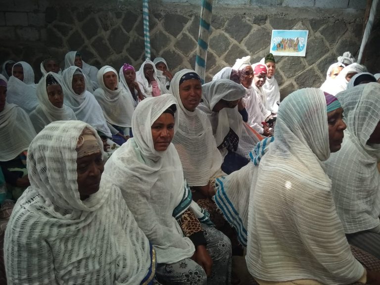 Women waiting for aliyah in Ethiopia at a demonstration at a synagogue in Addis Ababa, November 19, 2018. (Archival photo: Headquarters of the Struggle for Ethiopian Jewish Aliyah)
