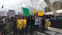 מחאת העובדים הסוציאליים מפגינים בכניסה לירושלים סמוך לגשר המיתרים. (צילום: דוברות המשטרה)