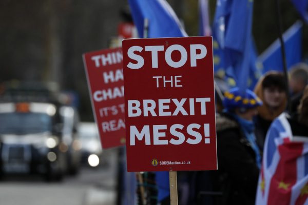 בריטים מפגינים נגד הברקזיט מול הפרלמנט. 11 בינואר 2018. (AP Photo/Frank Augstein)