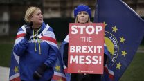 Anti-Brexit remain in the European Union supporters hold placards as they demonstrate opposite the Houses of Parliament in London, Monday, Jan. 21, 2019. Prime Minister Theresa May on Monday rejected calls to delay Britain’s departure from the European Union. (AP Photo/Matt Dunham)