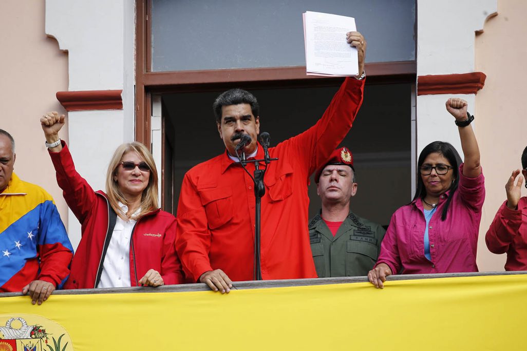 נשיא ונצואלה ניקולס מדורו בהכרזה על ניתוק עם ארה"ב (AP Photo/Ariana Cubillos)