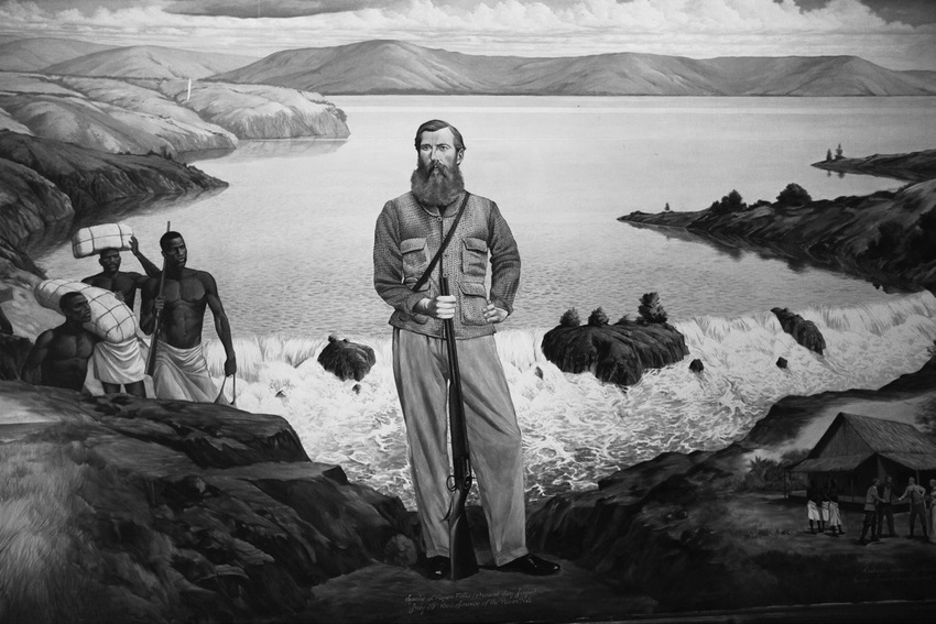 ג'ון הנינג ספיק על רקע אגם ויקטוריה והנילוס הלבן 28 ביולי 1862 - מקור מלון ספייק קמפלה (Kampala).