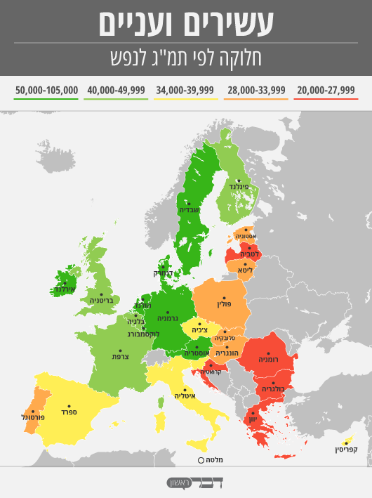 מפת מדינות אירופה לפי תמ&quot;ג לנפש, 2017 (גרפיקה: אידאה)