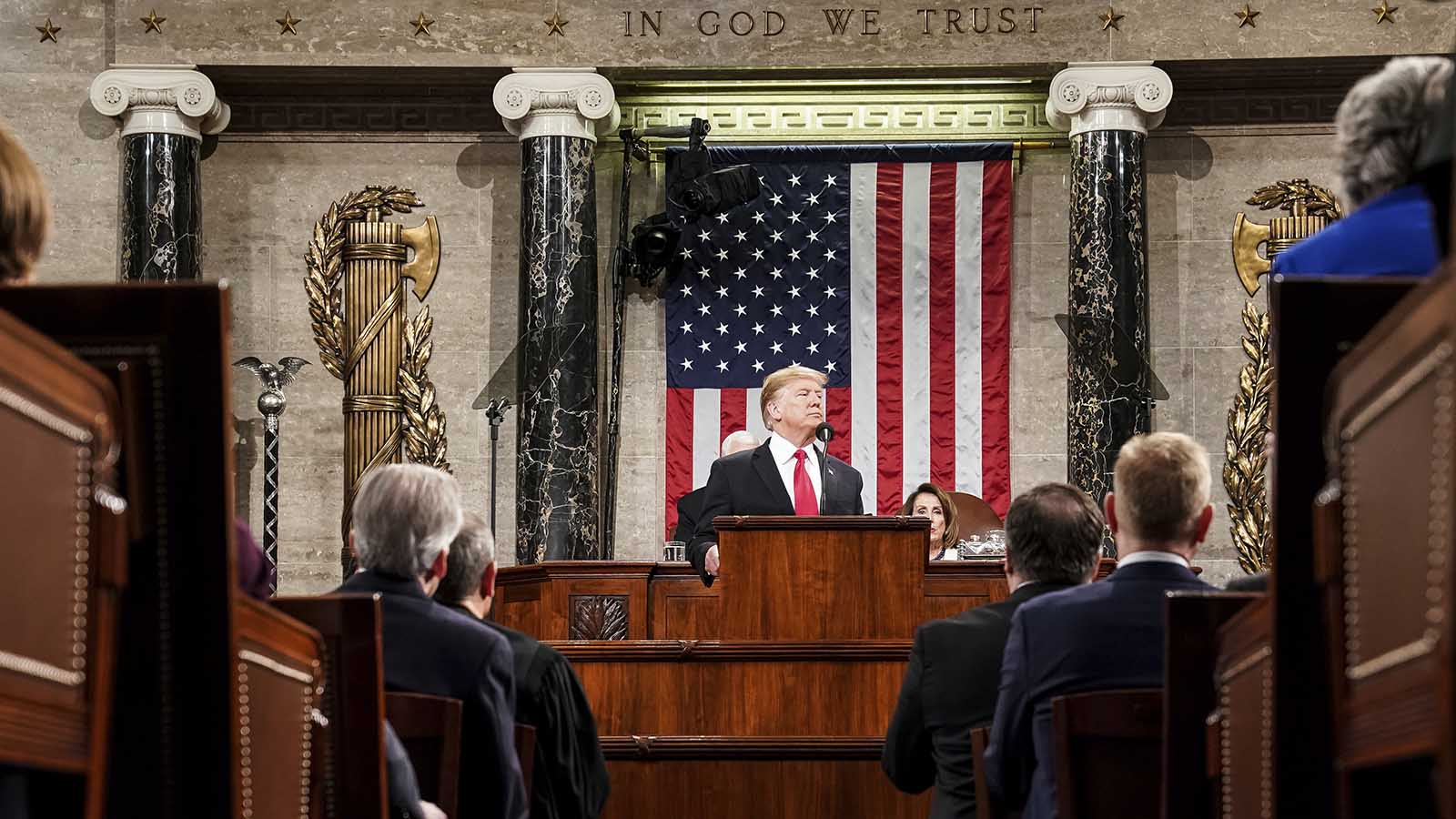 הנשיא דונלד טראמפ בנאום מצב האומה. 5 בפברואר 2019. (Doug Mills/The New York Times via AP, Pool)
