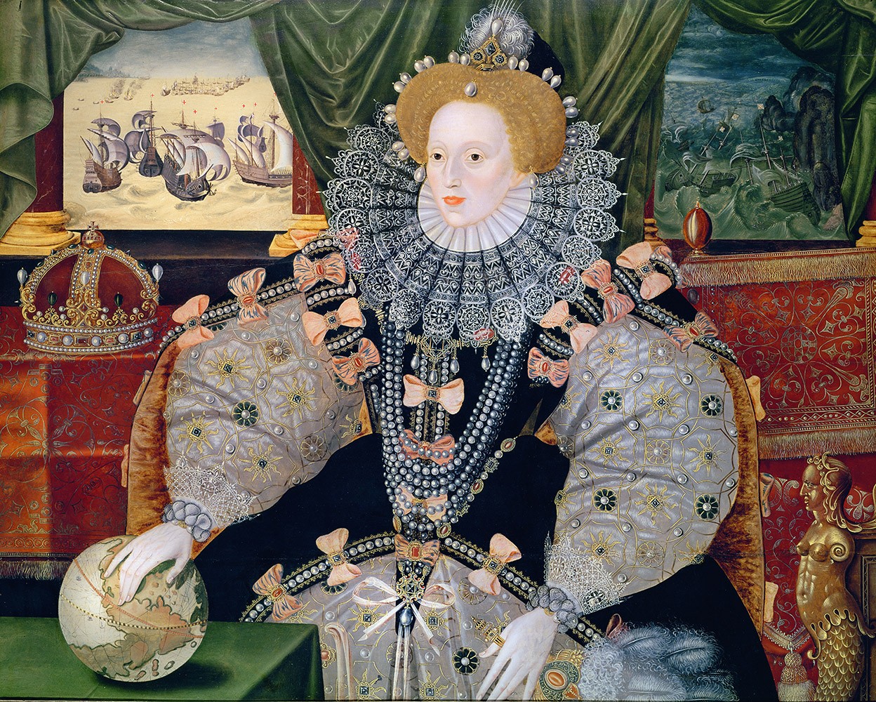 דיוקנה של המלכה אליזבת' הראשונה לרגל הניצחון האנגלי על הארמדה הספרדית, הציור מיוחס לג'ורג' גואוור (Gower) מקור ויקיפדיה באנגלית.