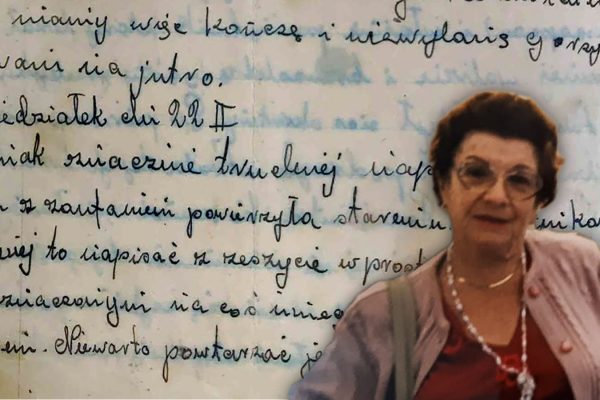 רחל רונן ז"ל על רקע קטע מתוך יומן שכתבה בגטו לודג'. (באדיבות המשפחה ומכון מורשת)