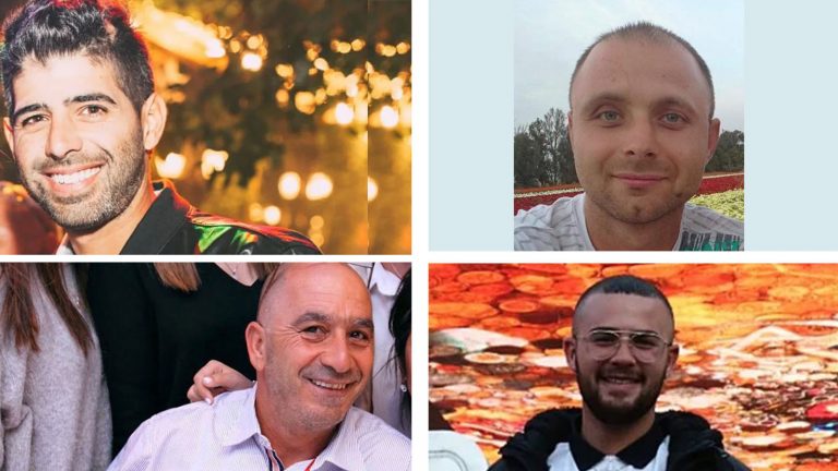הרוגי תאונת המנוף ביבנה. עם כיוון השעון: סרגי סמיונוב ז"ל, יוני סבג ז"ל, בן דקלו ז"ל, וגיל חזאזי ז"ל