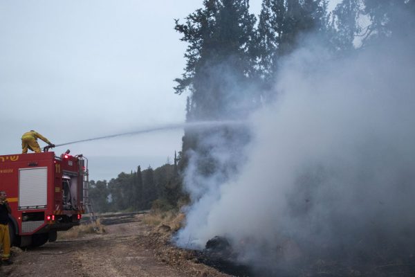 כבאים מכבים את השריפה סמוך לקיבוץ הראל. 23 במאי 2019 (צילום: יונתן זינדל/פלאש90)