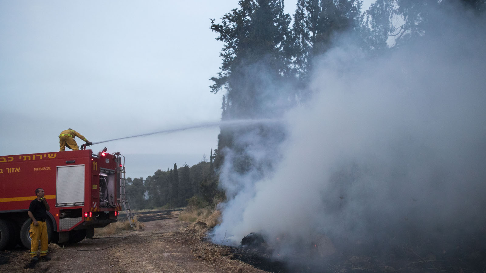 כבאים מכבים את השריפה סמוך לקיבוץ הראל. 23 במאי 2019 (צילום: יונתן זינדל/פלאש90)