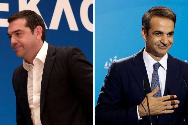 ראש ממשלת יוון קיריאקוס מיצוטאקיס (מימין) ואלכסיס ציפראס, המועמדים המובילים לראשות ממשלת יוון (צילום: AP Photo/Yorgos Karahalis, Thanassis Stavrakis)