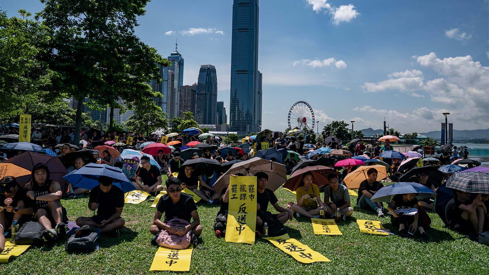 מפגינים מחזיקים שלטים ומטריות במסגרת גל המחאה בהונג קונג. 5 באוגוסט 2019 (צילום: by Anthony Kwan/Getty Images)