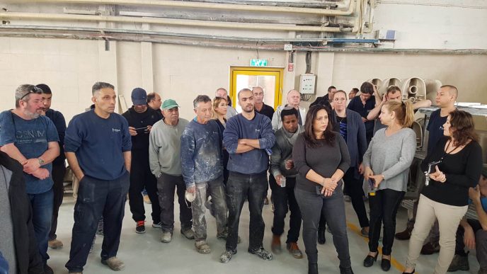 Workers in Harsa factory in Be'er Sheva in the south of Israel, briefed on the likelihood of their factory being closed down. The factory was moved to Turkey by the management.