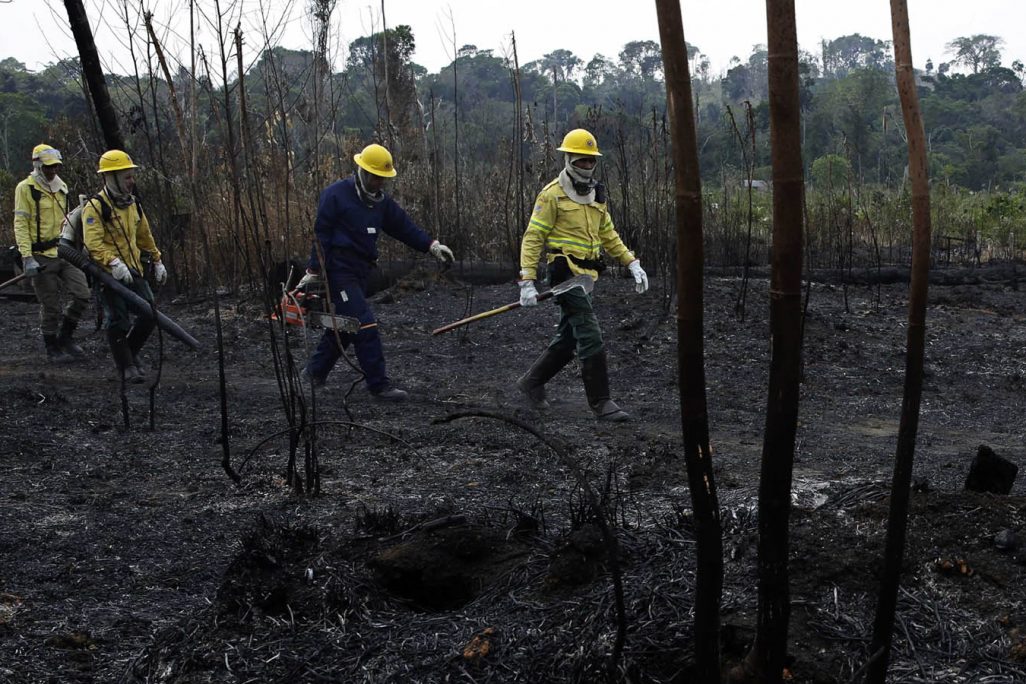 כוחות כיבוי מסיירים באזורים שרופים ביערות האמזונס, 25 בספטמבר 2019 (AP Photo/Eraldo Peres)