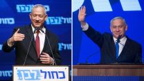 בנימין נתניהו ובני גנץ נואמים במטות המפלגות לאחר פרסום תוצאות המדגם לבחירות לכנסת ה-22. (צילום: מרים אלטשר/הדס פרוש/פלאש90)