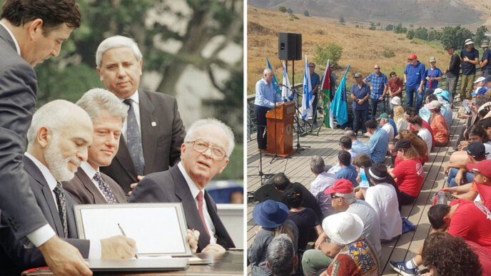 sraeli-Jordanian peace, 25 years later. Left: King Hussein of Jordan and Israeli Prime Minister Yitzhak Rabin signed the declaration ending 46 years of hostilities between the two Mideast countries. July 25, 1994. AP Photo/Marcy Nighswander | "Keeping the Peace in the Island of Peace" rally, October 18 2019. Credit: Asaf David Elias Hofman.