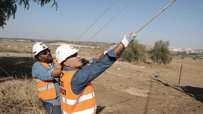 Employees of the Israel Electric Corporation repairing power lines following rocket strike,  Nov. 12, 2019. (Israel Electric Corporation/Yossi Weis)