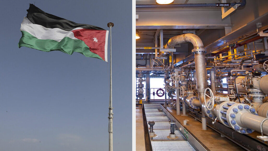 דגל ירדן וצינורות הולכת גז במאגר תמר (צילום: AP Photo/Raad Adayleh, משה שי/פלאש 90).