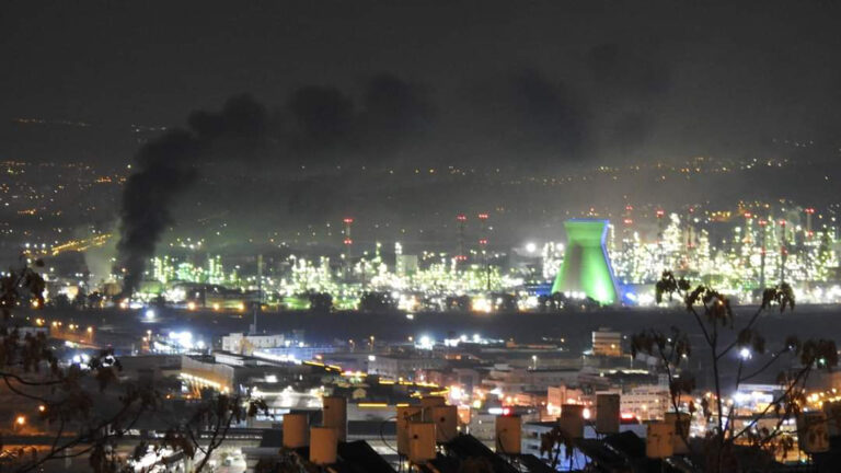 Harmful smoke emissions seen from the oil refinery plants in the Haifa Bay.