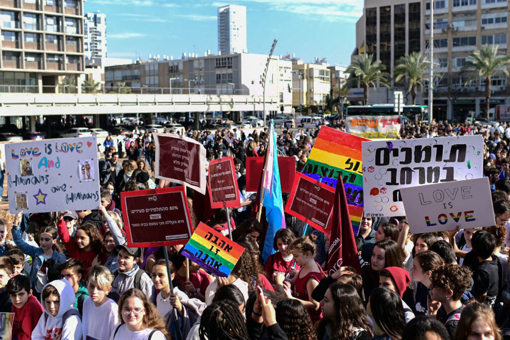Israel school students protest against Education Minister Rafi Peretz, unseen, after he called same-sex marriage “unnatural” at Rabin Square in Tel Aviv on Jan. 15, 2020. (Photograph: Tomer Neuberg)