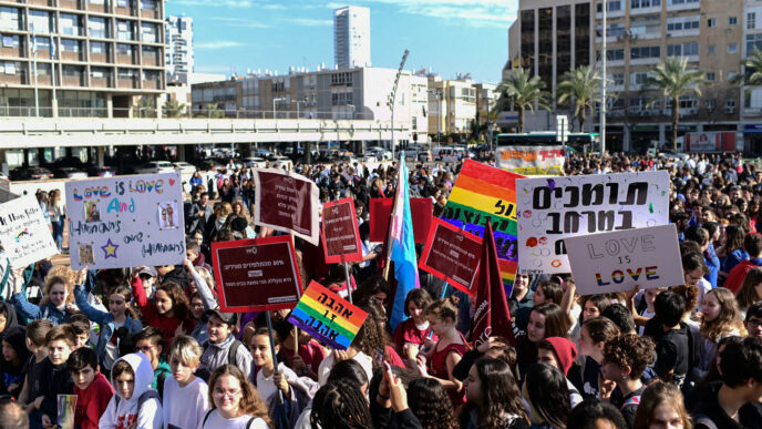 Israel school students protest against Education Minister Rafi Peretz, unseen, after he called same-sex marriage “unnatural” at Rabin Square in Tel Aviv on Jan. 15, 2020. (Photograph: Tomer Neuberg)