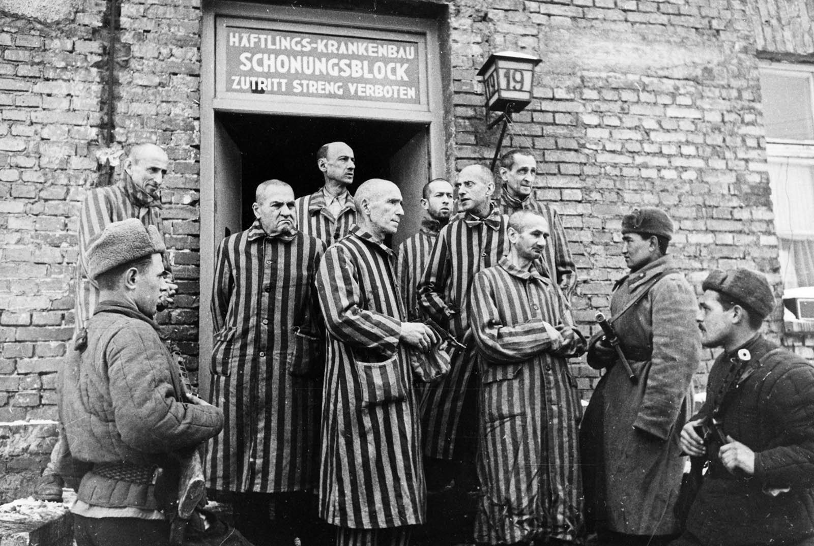 חיילי הצבא האדום בעת שחרור מחנה אושוויץ בינואר 1945 (גטי אימאג')