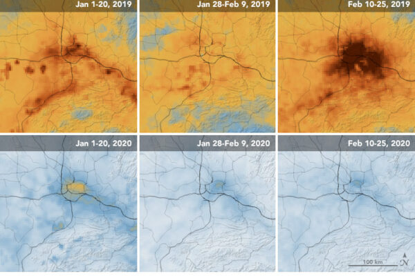 זיהום אוויר מתחמוצות חנקן במחוז ווהאן בחודשי ינואר ופברואר 2020 (למטה) בהשוואה ל-2019 (למעלה) (מתוך אתר נאס"א)