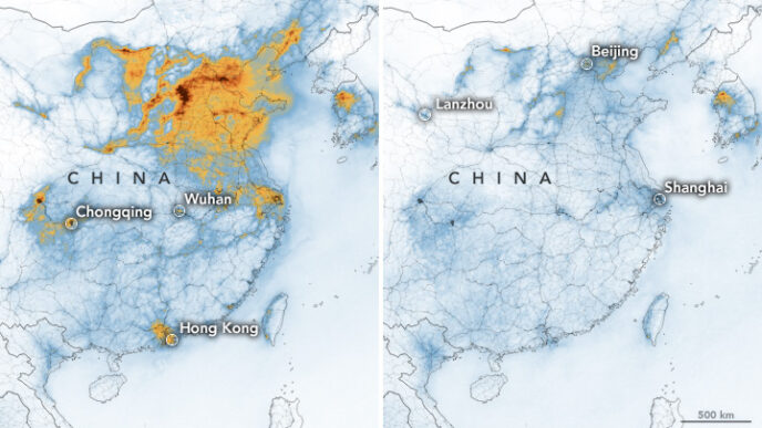 זיהום אוויר מתחמוצות חנקן בסין בחודשי ינואר ופברואר 2020 (מתוך אתר נאס&quot;א)