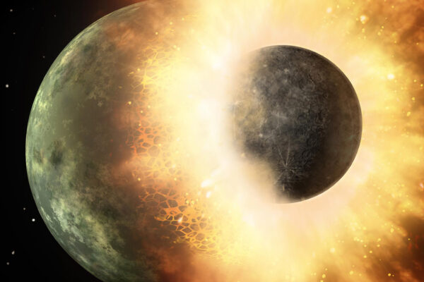 עבודת אמנות המתארת התנגשות בין שני גופים פלנטריים. כנראה, התנגשות כזאת בין כדור הארץ לבין גוף בגודל מאדים הביאה להיווצרות הירח. (קרדיט: NASA/JPL-Caltech)
