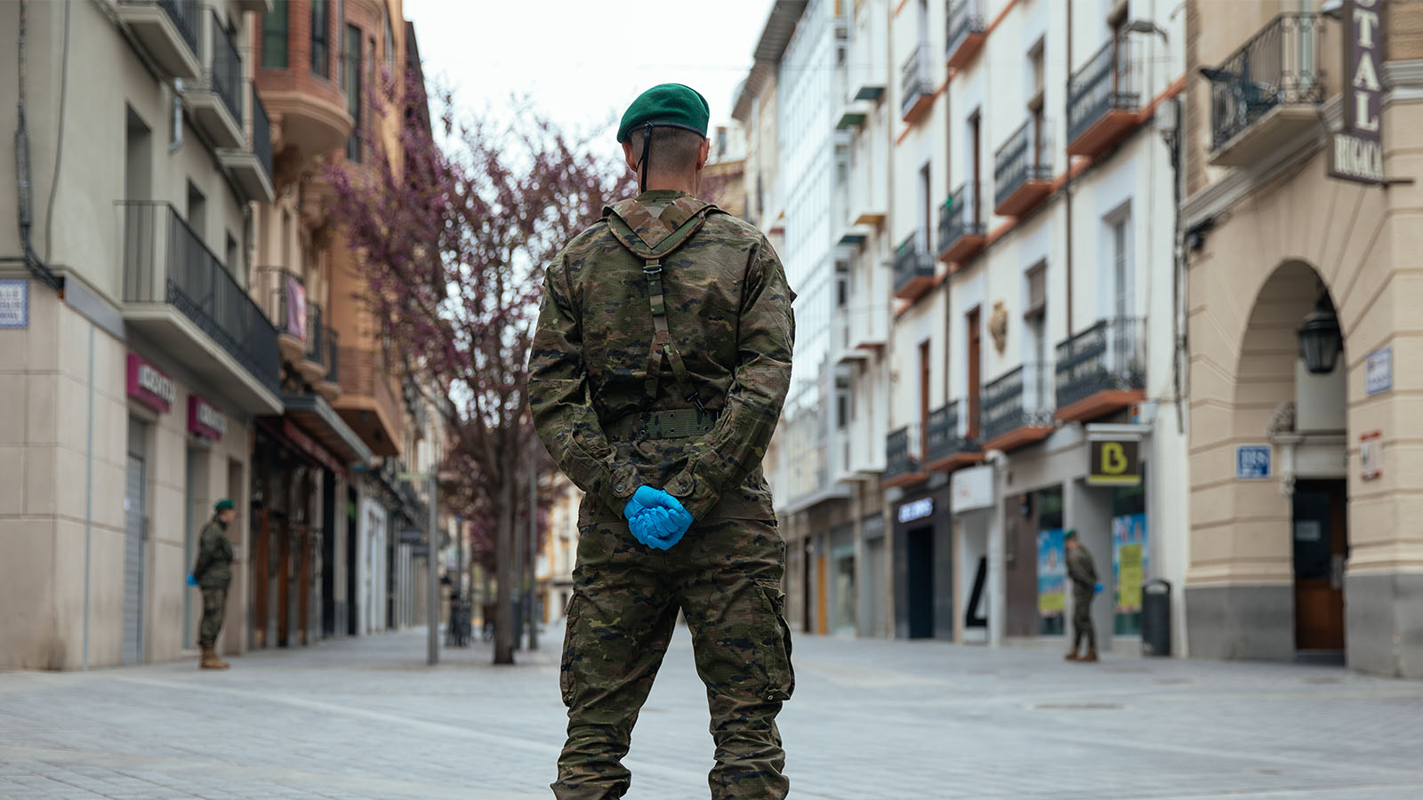 Soldiers patrolling the streets of Spain enforcing the mandatory lockdown put into place to combat the spread of COVID-19, Mar. 2020 (Photograph: Álvaro Calvo / Getty Images)