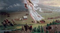 הקידמה האמריקאית (שמן על בד, ג'ון גאסט, 1872): "פרוגרס" פורשת קוי טלגרף (ויקיפדיה)