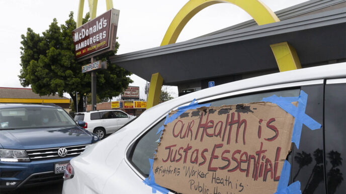 עובדי מקדונלד'ס בלוס אנג'לס מפגינים מול סניף של החברה בדרישה לקבל ציוד מיגון פני מגפת הקורונה בעבודה. 6 באפריל (AP Photo/Damian Dovarganes)