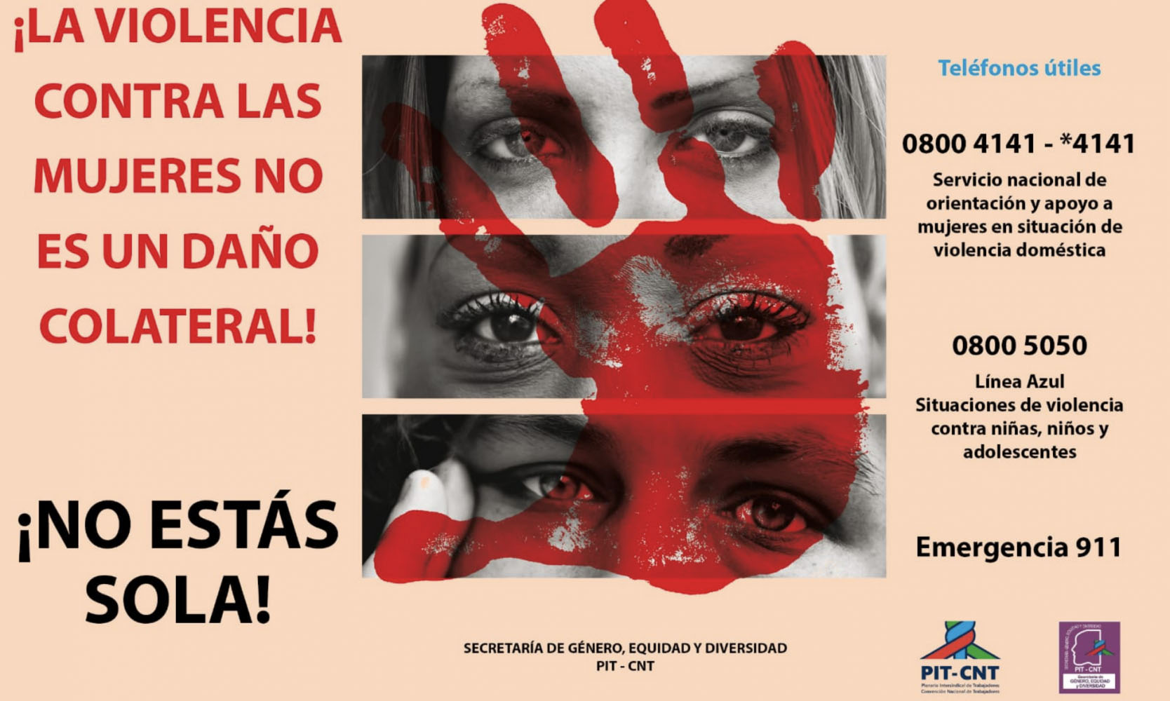 &quot;אלימות נגד נשים אינה נזק משני!&quot; הכרזה שפרסמו ארגוני העובדים באורוגוואי (מתוך אתר industriALL)