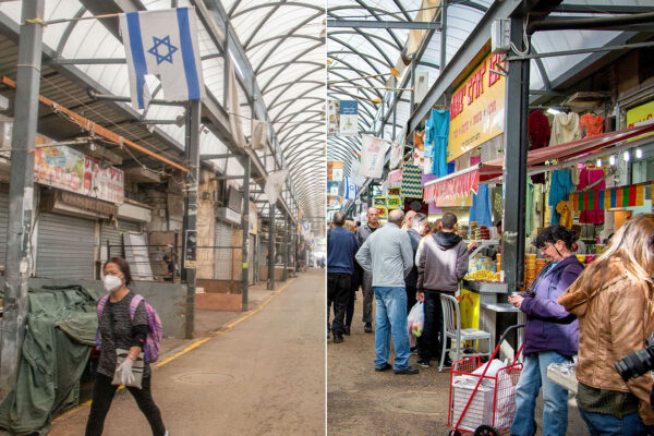 שוק בעיר רמלה. לפני מגפת הקורונה, ובמהלכה. (צילום: משה שי / יוסי אלוני / פלאש90 / גרפיקה: אידאה)