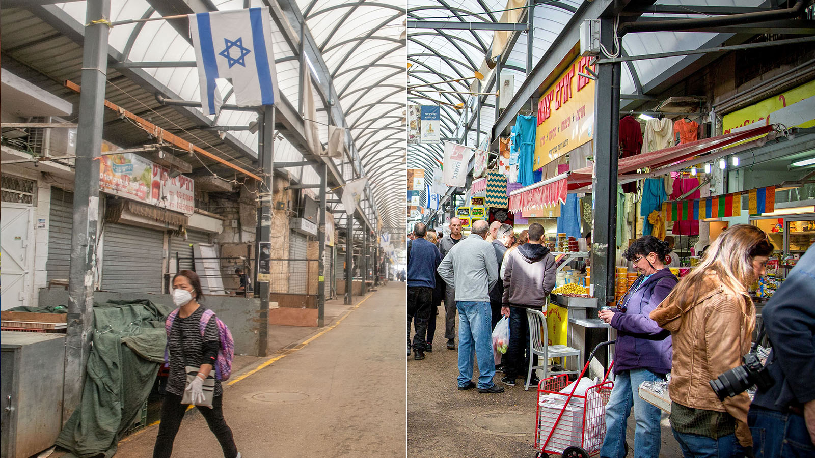 שינויים בכוח הקנייה. שוק בעיר רמלה. לפני מגפת הקורונה, ובמהלכה. (צילום: משה שי / יוסי אלוני / פלאש90 / גרפיקה: אידאה)