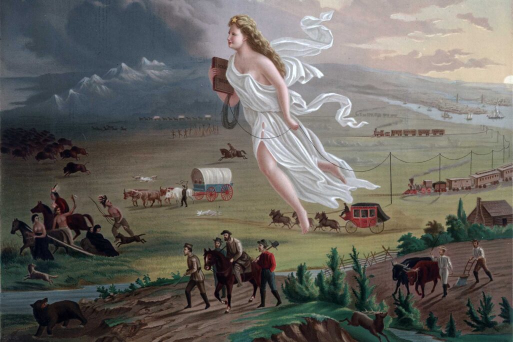 التقدم الأمريكي (زيت على قماش، جون جيست، 1872): "بروجرس" توزع خطوط تلغراف (ويكيبيديا)