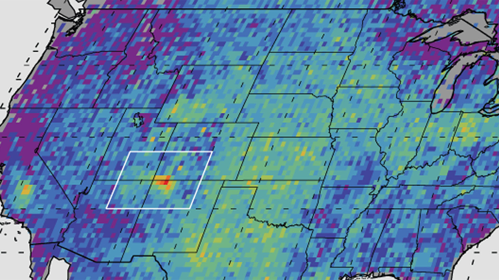 צילום לוויין המראה דליפות מתאן ממתקני הפקת גז טבעי בצפון אמריקה. (NASA, JPL-Caltech, University of Michigan via AP, File)