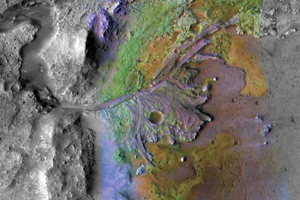 מכתש ג'זרו במאדים בו אמור לנחות רכב החלל החדש ששוגר היום. (קרדיט: NASA/JPL-Caltech/MSSS/JHU-APL)