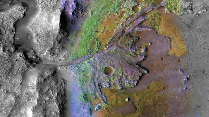מכתש ג'זרו במאדים בו אמור לנחות רכב החלל החדש ששוגר היום. (קרדיט: NASA/JPL-Caltech/MSSS/JHU-APL)