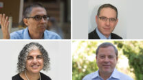 למעלה מימין לשמאל: פרופ' אייל זיסר ופרופ' ברק מדינה. למטה מימין לשמאל: יוסי רוזנווקס ודר' גילה יעקב. "יש כאן תמונה רחבה של דור שיש לו חרדות אמתיות ולנו יש תפקיד לא להתעלם מהחרדות האלה"  (צילומים: מיכל בן עמי, האונ' העברית, אונ' תל אביב, המכללה האקדמית עמק יזרעאל)