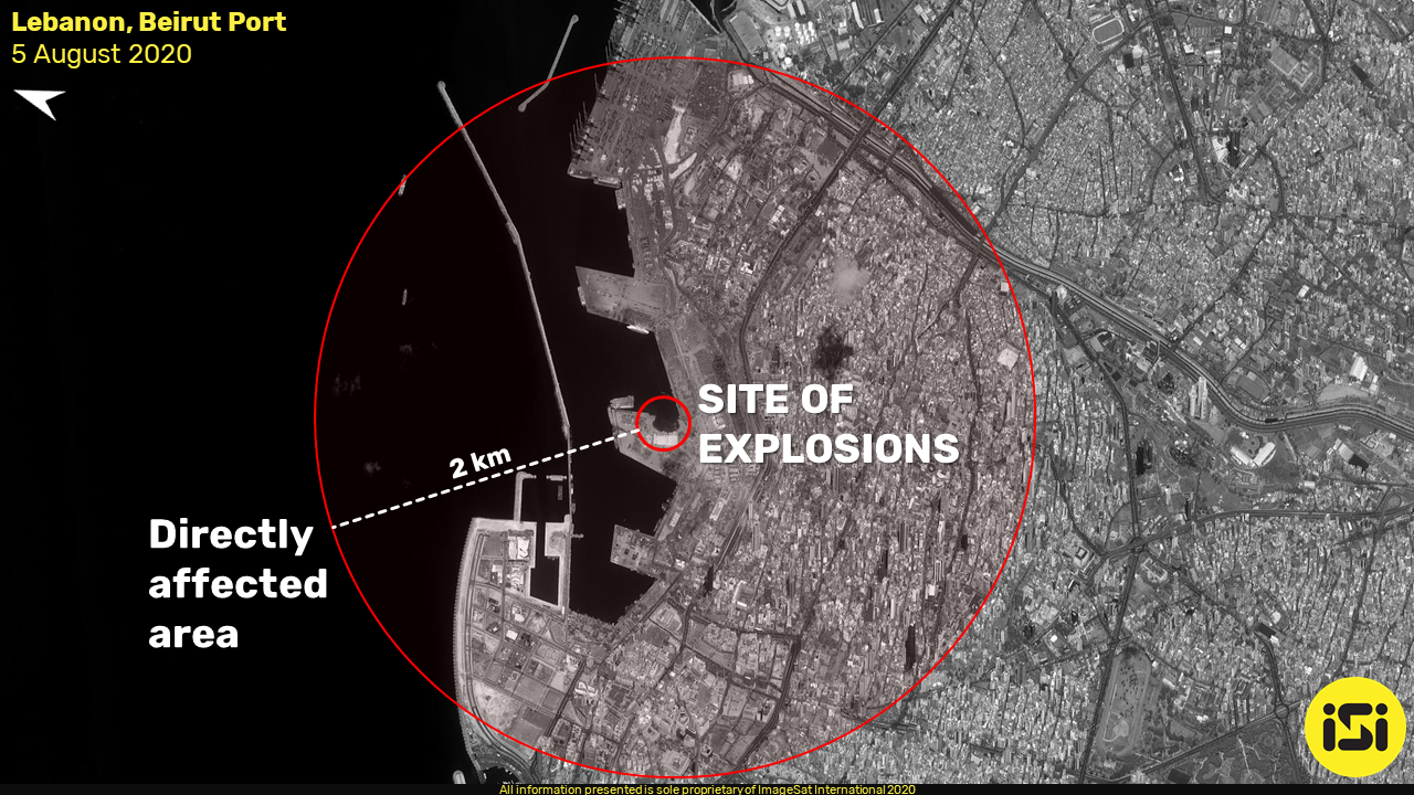 תיעוד תוצאת הפיצוץ בנמל ביירות, מתוך דוח מודיעין של חברת הלוויינים ופתרונות המודיעין אימג'סאט אינטרנשיונל (ImageSat International &#8211; ISI, https://www.imagesatintl.com)