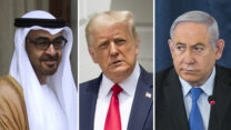 רה"מ נתניהו, נשיא ארה"ב טראמפ ונסיך הכתר של אמירות אבו דאבי מוחמד בן זאיד (צילומים: אוליבייה פיטוסי/פלאש90, AP Photo/Manish Swarup/Andrew Harnik)