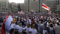 הפגנה בבלרוס ב16 באוגוסט 2020. (AP Photo/Sergei Grits)