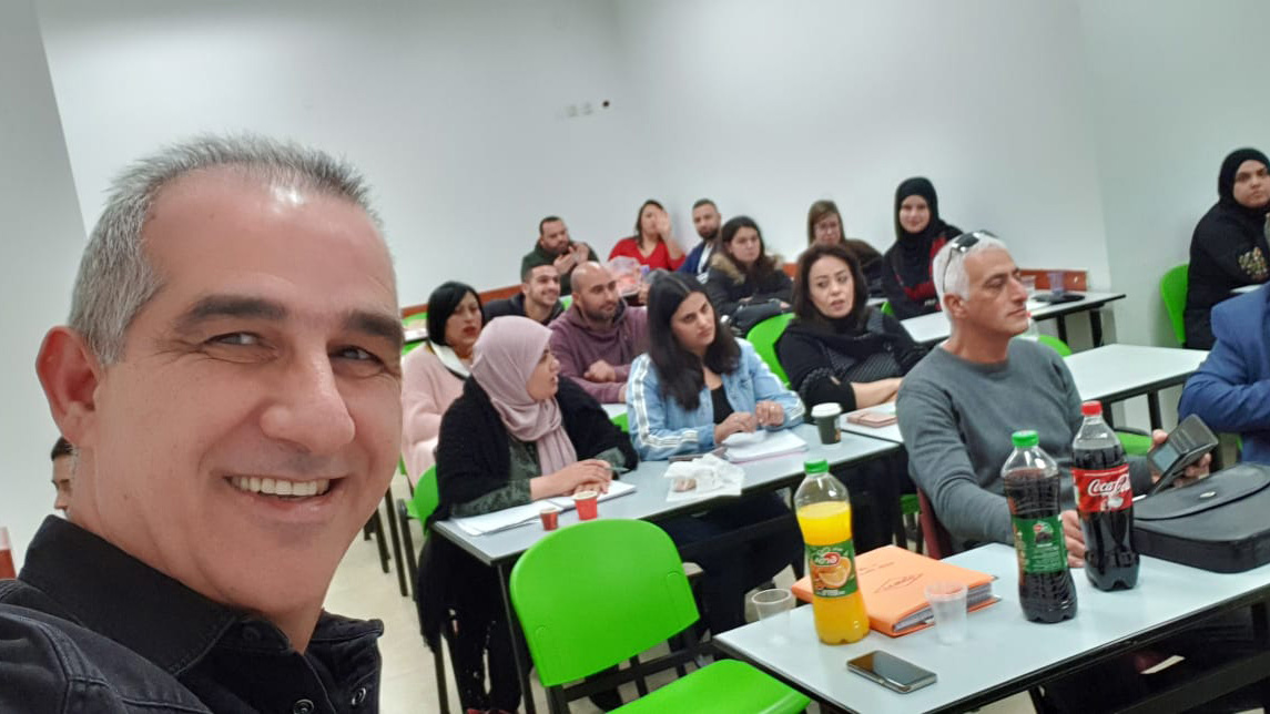 Yehuda Zafrani, tourism and aviation expert with his class in the israeli Arab city of 
