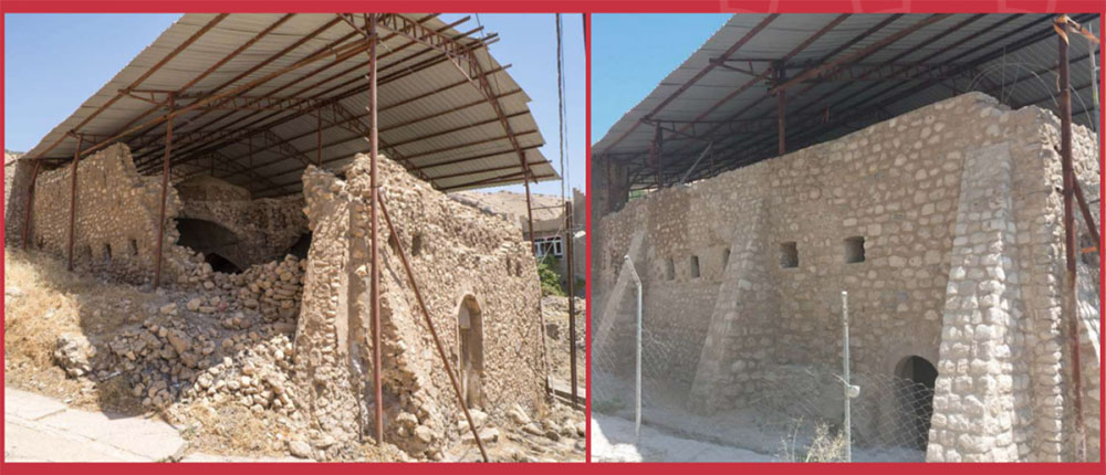 The ancient synagogue next to Nahum’s tomb, before and after renovation (Photo: Mesopotamia Heritage).