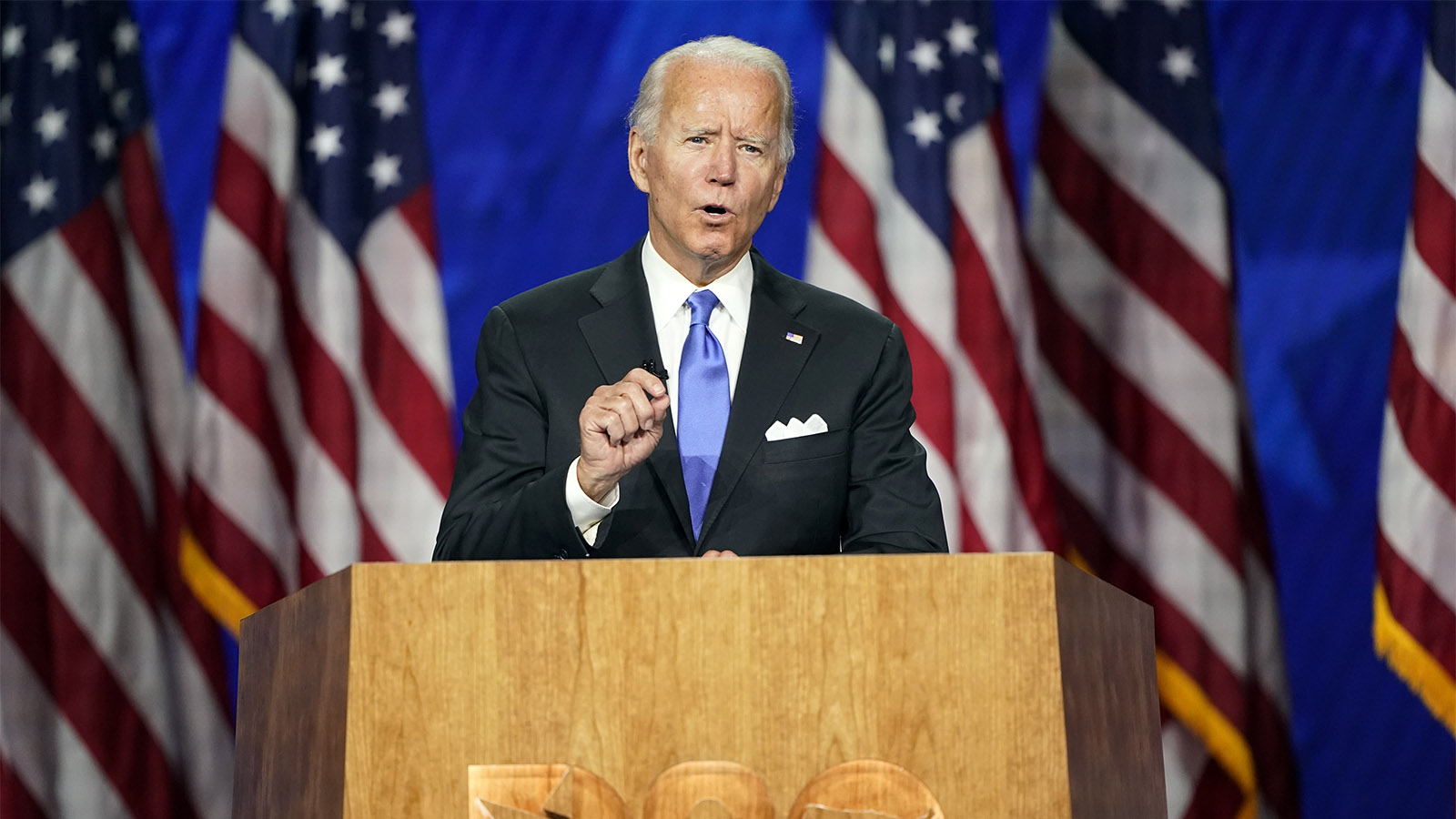 ג'ו ביידן, מועמד המפלגה הדמוקרטית לנשיאות ארה&quot;ב, נואם במהלך הועידה הארצית של המפלגה הדמוקרטית (צילום: AP/Andrew Harnik)