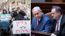 שר האוצר, ראש הממשלה, ומפגינים למען העלאת קצבאות הנכים (צילומים: יונתן זידל / פלאש 90)