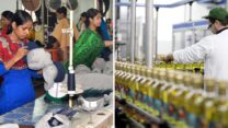מימין: פס ייצור במפעל לשמן זית באיטליה,ומפעל לייצור כובעים בבנגלדש. (צילום: Alessia Pierdomenico /  Sk Hasan Ali / Shutterstock.com)